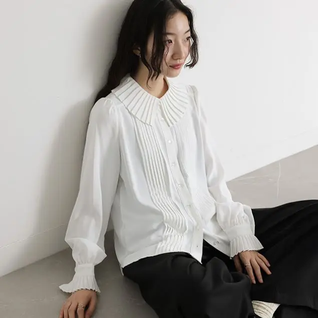 Shell Style Women's Classic Button Front Opening Shirt Collared Big Collar Chubby Body Covering Large Sizes 10s for Girls