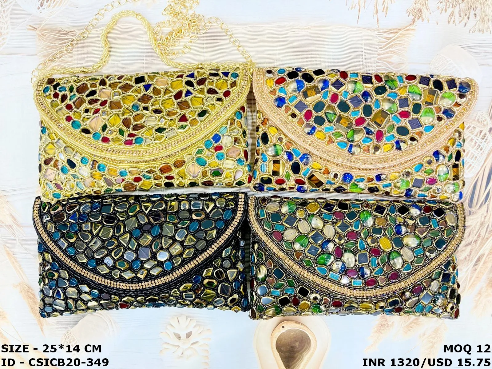 Craftstages International Handcrafted Designer Artisan Crystal Stone Beaded Embroidery Bridal Clutch Bag Multi Color Evening