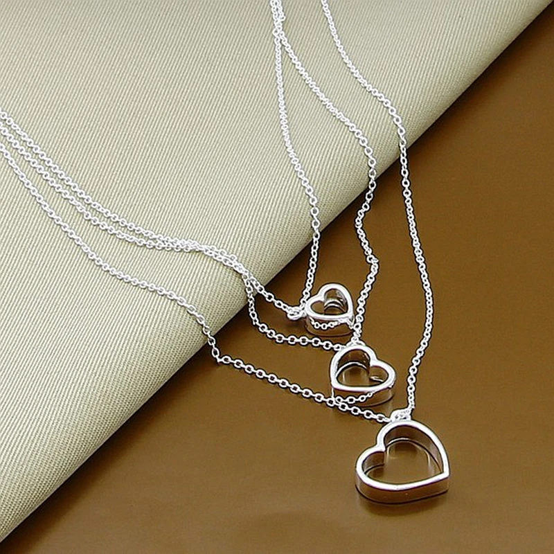 [HAESOOL] テヨン着用☆925 Silver☆Celeb heart chain Necklace 925 Sterling Silver Triple Heart Pendant Necklace Chain