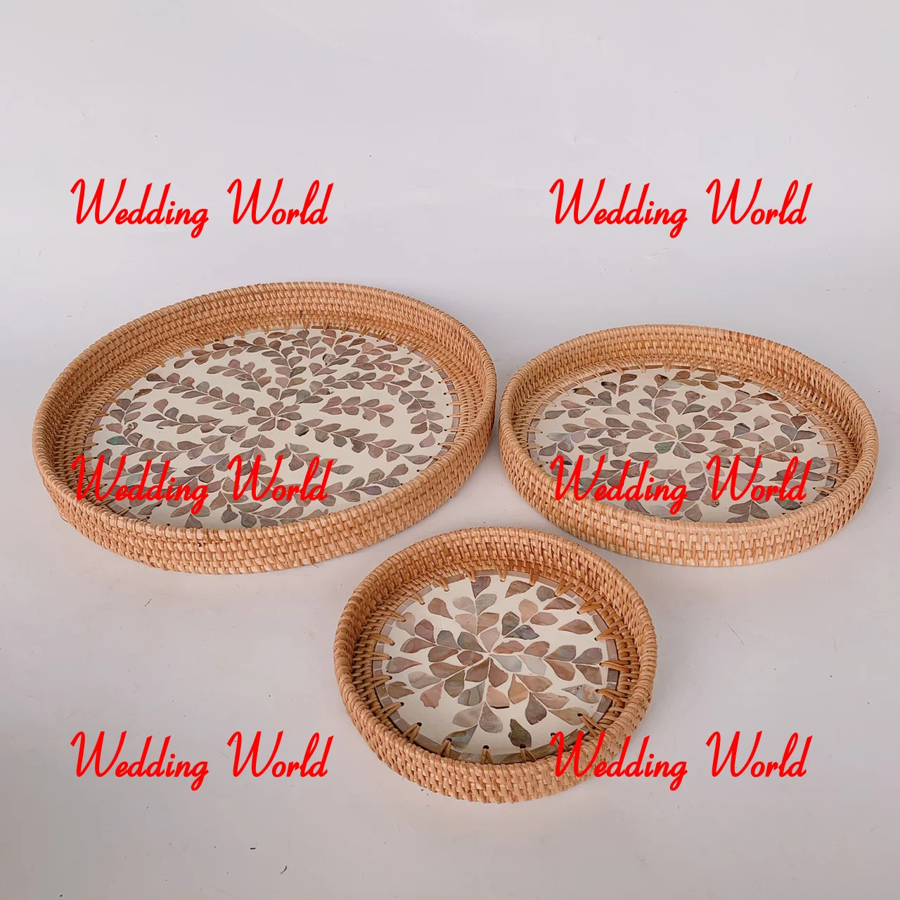 Luxury Round Rattan Serving Tray Customized Design Handmade Platter Mother Of Pearl Finished