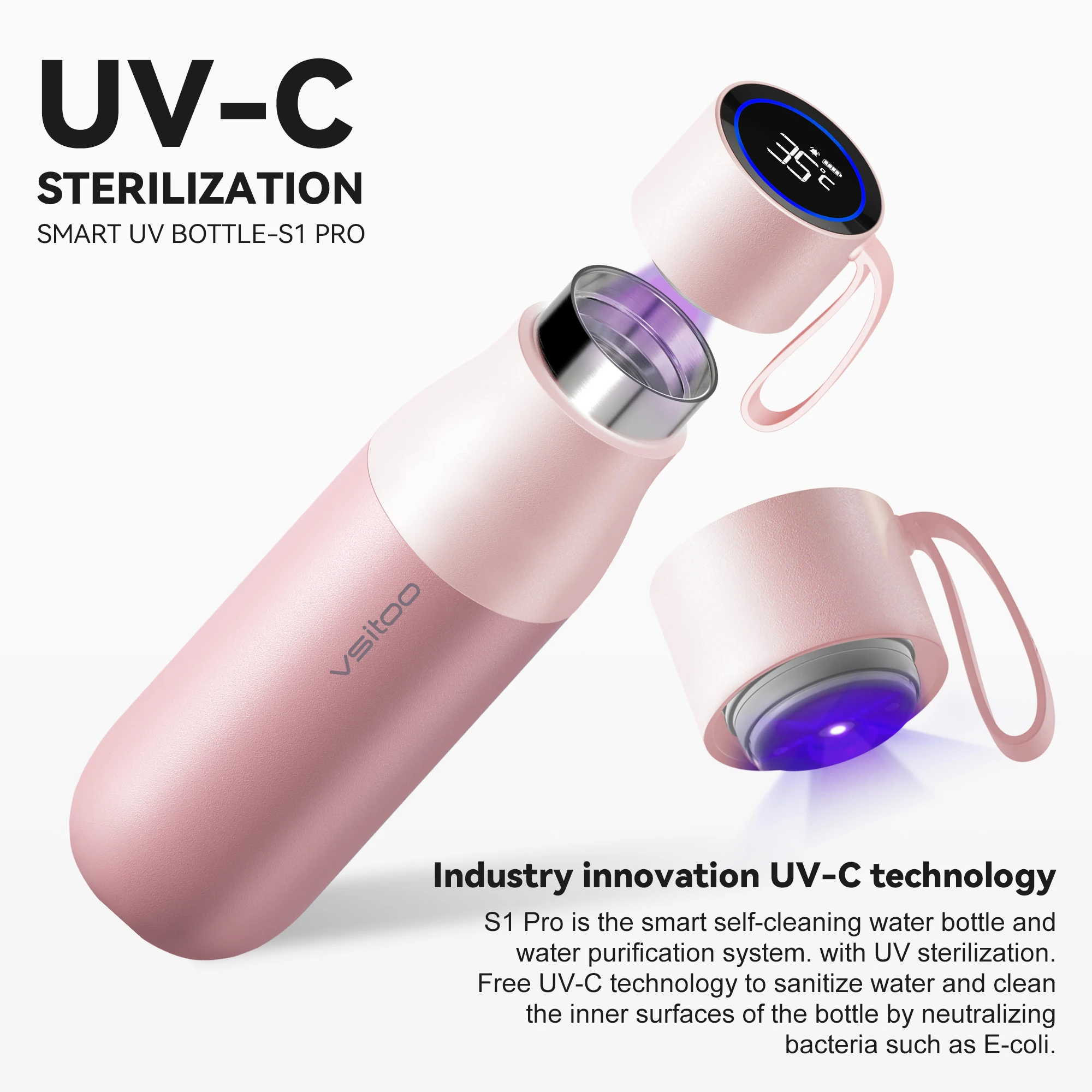Customized Vsitoo App Control Temperature Display UV Water Bottle 316 Stainless Steel Smart Drinkware Heating Tumblers