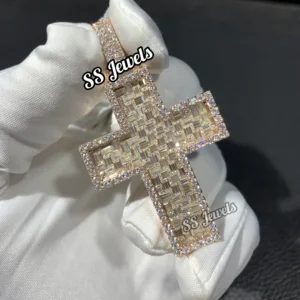 Custom VVS Moissanite Diamond Cross Charm Necklace 925 Silver Religious Style Rhodium Plated Christian Baguette Channel Setting