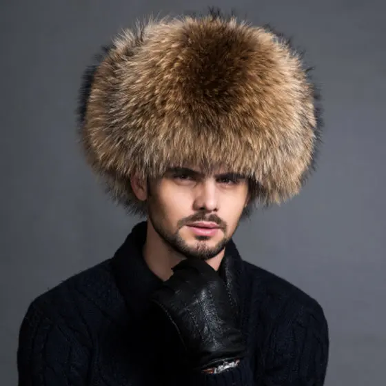 Men's Russian Trapper Ushanka Hat Winter with Raccoon Fur Trim Solid Pattern Windproof 100% Wool