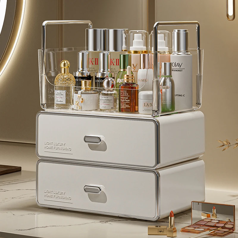 WANUO Double Drawers Makeup Organizer Clear Top Compartment Makeup Organizer Plastic Makeup Organizer