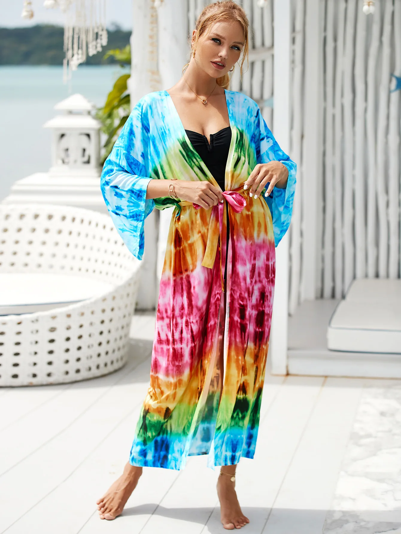 Multi Beautiful Fancy Floral Tie Dye Beach Holiday Wear Rayon Kimono ...