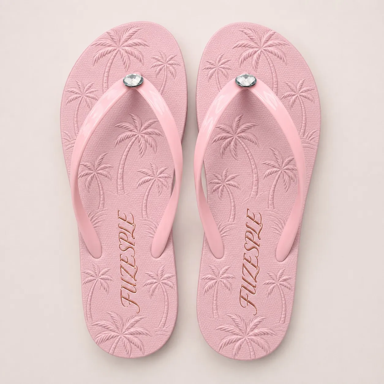 Pink palm tree embossed gem flip flops