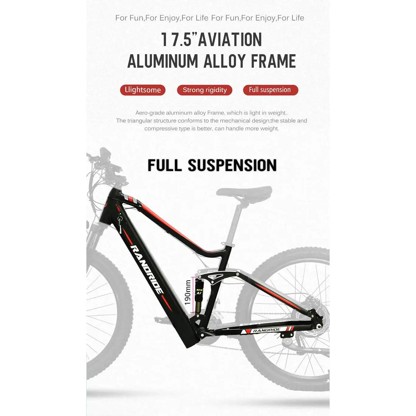 RANDRIDE YS90 Electric Mountain Bike 13.6A Battery with 500W/1000W Motor Full Suspension Aluminum Alloy Frame Max Speed 50KM/h