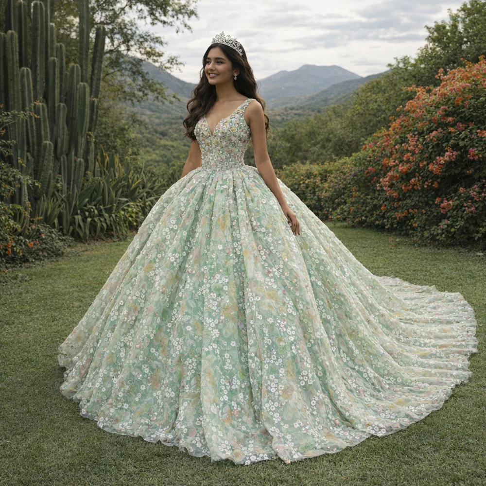 sage green sweet 16 dress Dreamyannie UK Modern Ball Gown Strapless Sleeveless Lace Appliques 3D  Flower Beaded Sage Green Tulle Quinceanera Dress For Sweet 16