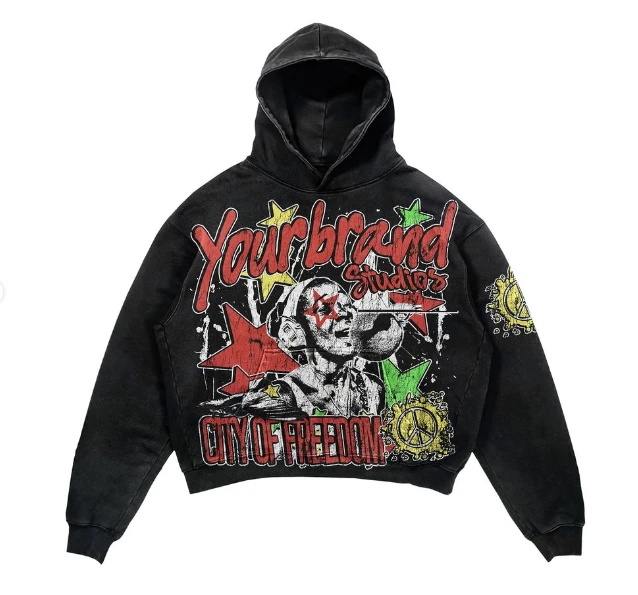 Glory Custom Hip Hop Style Men's Raw Gem Cut Dtg Hoodies High Street Cotton Print Hoodies for Men DTG Acid Wash