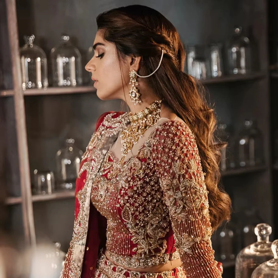 French-Inspired Red Bridal Set Fine Crafted Pakistani Choli Lehnga & Dupatta with Indian Motifs