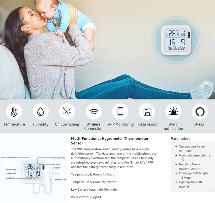 Mini Data Logger For Home Interior Led Display For Temperature And