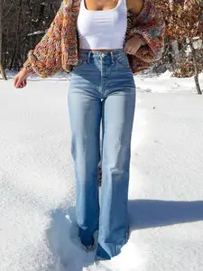 Women's Casual Stretch Denim High Waist Flared Straight Pants Washed Knitted Solid Regular Fit Raw Hem