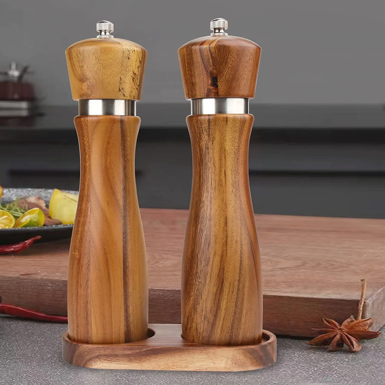 Salt And Pepper Mill Tray Hot Selling Acacia Wood Tray Pepper Mill