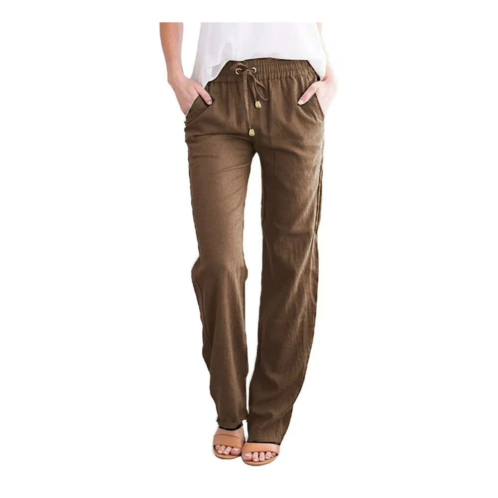 Low Rise Cotton Linen Pants For Women Drawstring Wide Leg Trousers