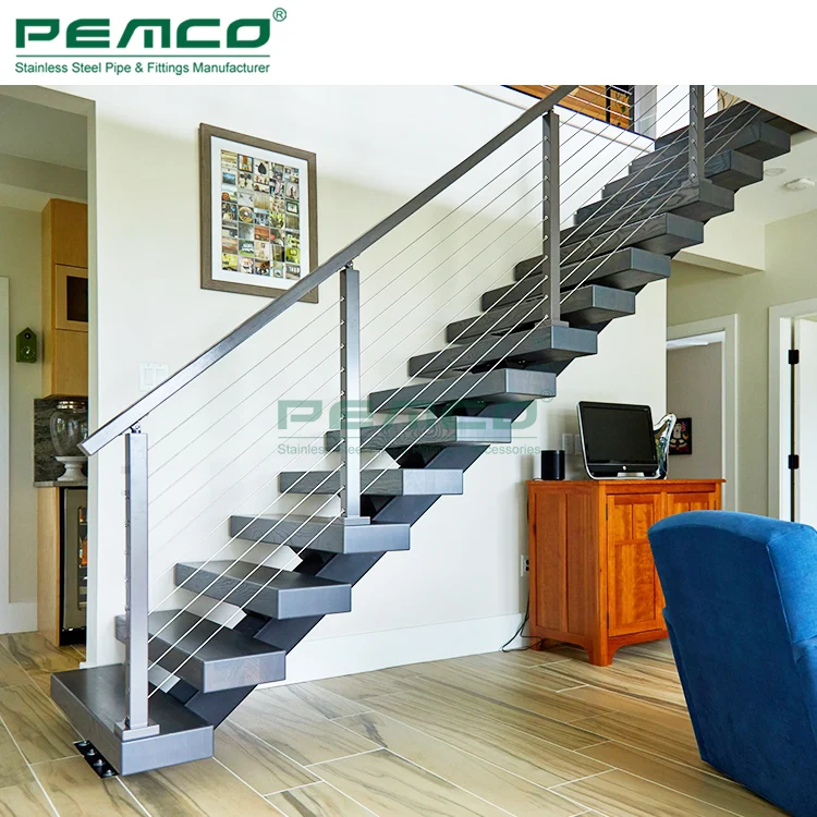 Open Riser Staircase Design With Center Pipe Railing Stainless Steel Railing Straight Mono Stringer Stairs for House