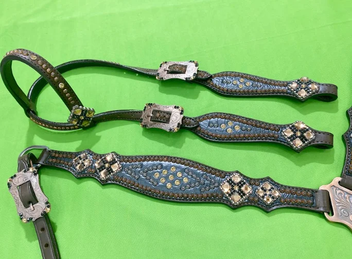 thumbnail image 2 of Premium Western Leather Headstall Bridle & Breast Collar Set - Feather Arrow Tooled, Full Size, Adjustable 2 of 10