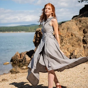 Kaori Avant Garde Classic Style Asymmetric Gray Linen A-Line Plus Size Hooded Wrap Dress Lace-up Back Design Summer Lace Wedding