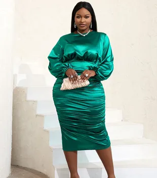 Long Sleeve Green Satin Folds Elegant Big Size Women's Career Dresses Shiny
