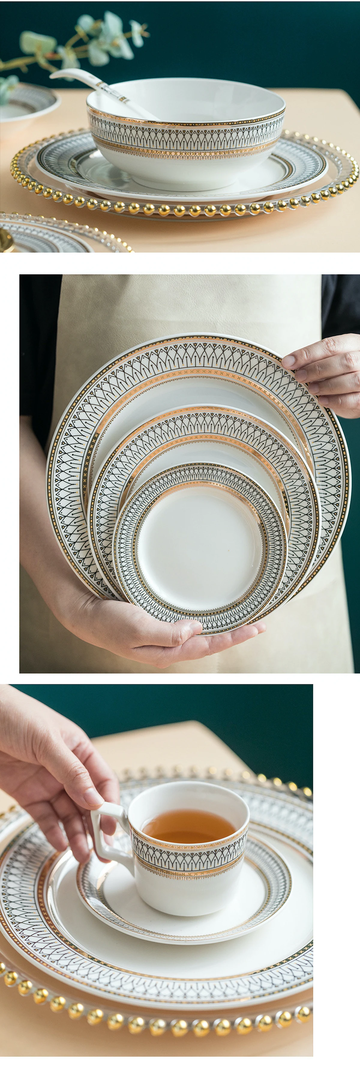 Western Wholesale Luxury Gold Rim Bone China Porcelain Ceramic Party