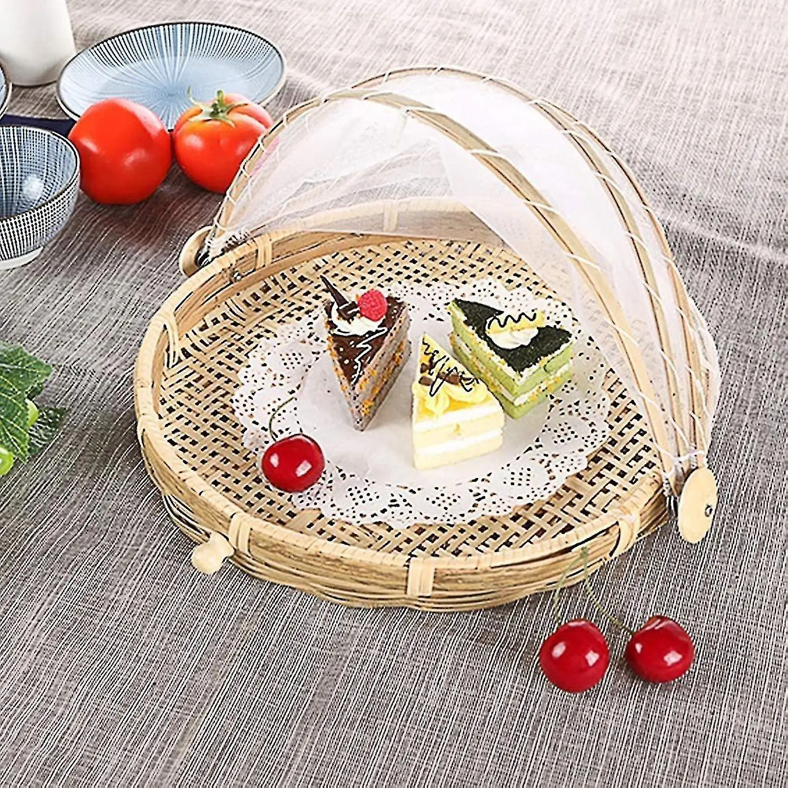 Round Bamboo Food Serving Tent Basket Handmade Bamboo Food Tray With Cover For Kitchen Room