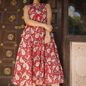 Women Cotton Summer Dress Hand Block Print Cotton Tier Dress Mandarin Collar Sleeveless Long Maxi Dress For Summer Season