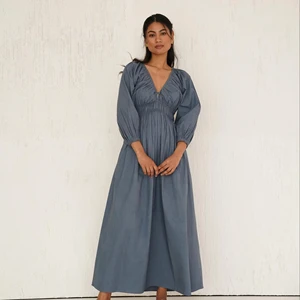 Women's Clothing Wholesale V-neck Long Dress Woman Deep V-neck Drawstring Pockets Long-sleeve Ruffled Elasticated Cuffs Maxi