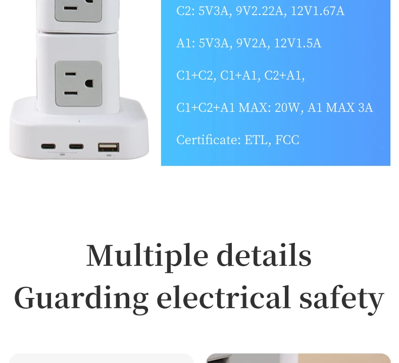 5FT Extension Cord 12 AC Outlets 6 USB Ports Stackable Tower Surge ...