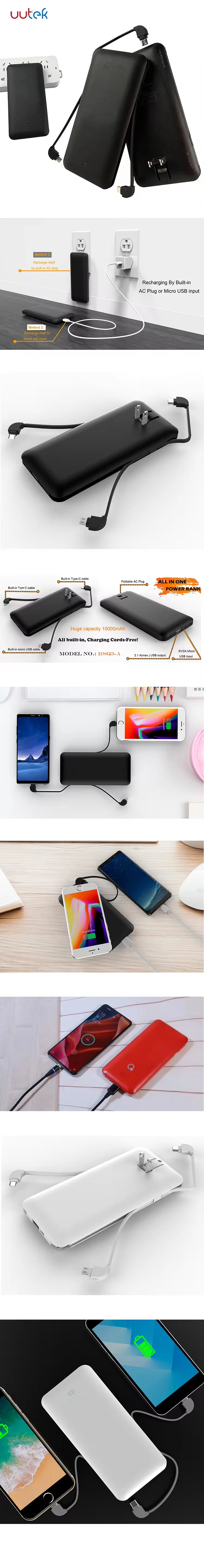 Battery Charger 10000mAh AC Power Banks Battery Powerbank Power Bank with Built in Cable UUTEK RSQ3-A