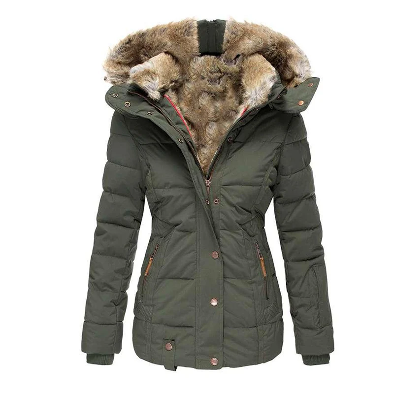 Newest Style Fashion Women's Midi Winter Warm Hooded Coat Slim Padded Faux Fur Coat