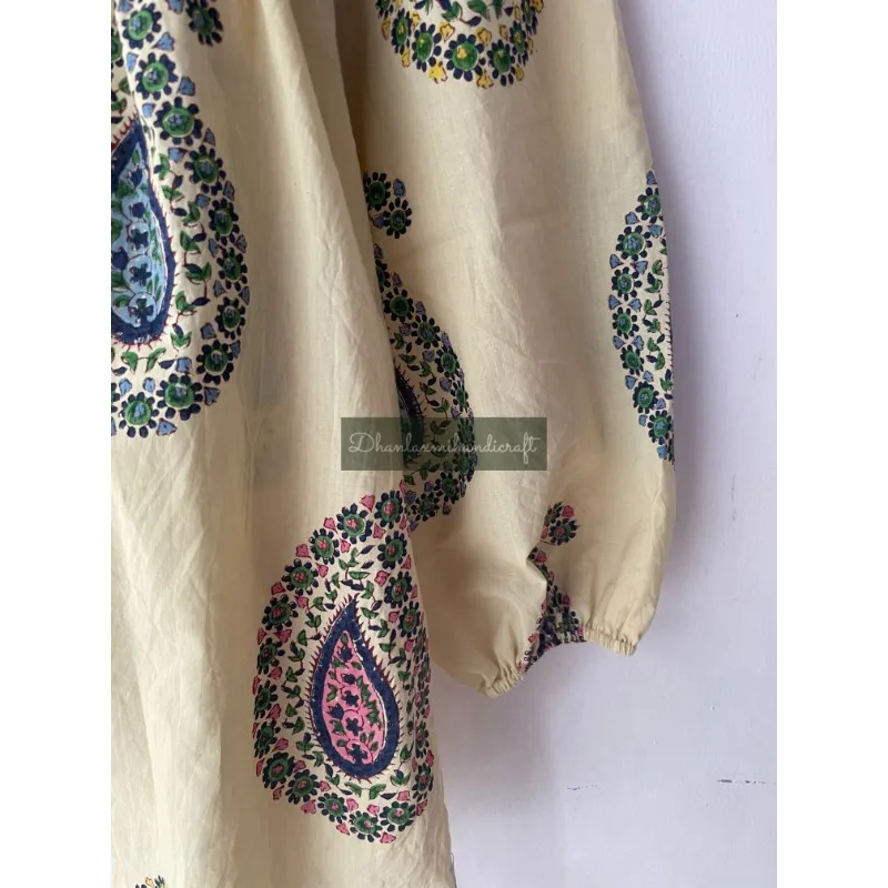 Hand Block Print Cotton Summer Mini Top Dress Hand Stitched Paisley Print Women's Beach Dress Casual Wear Top Ladies Blouse