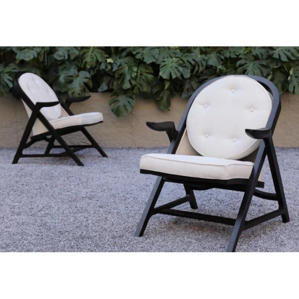 arm teak wood chair black color with arm and cushion white