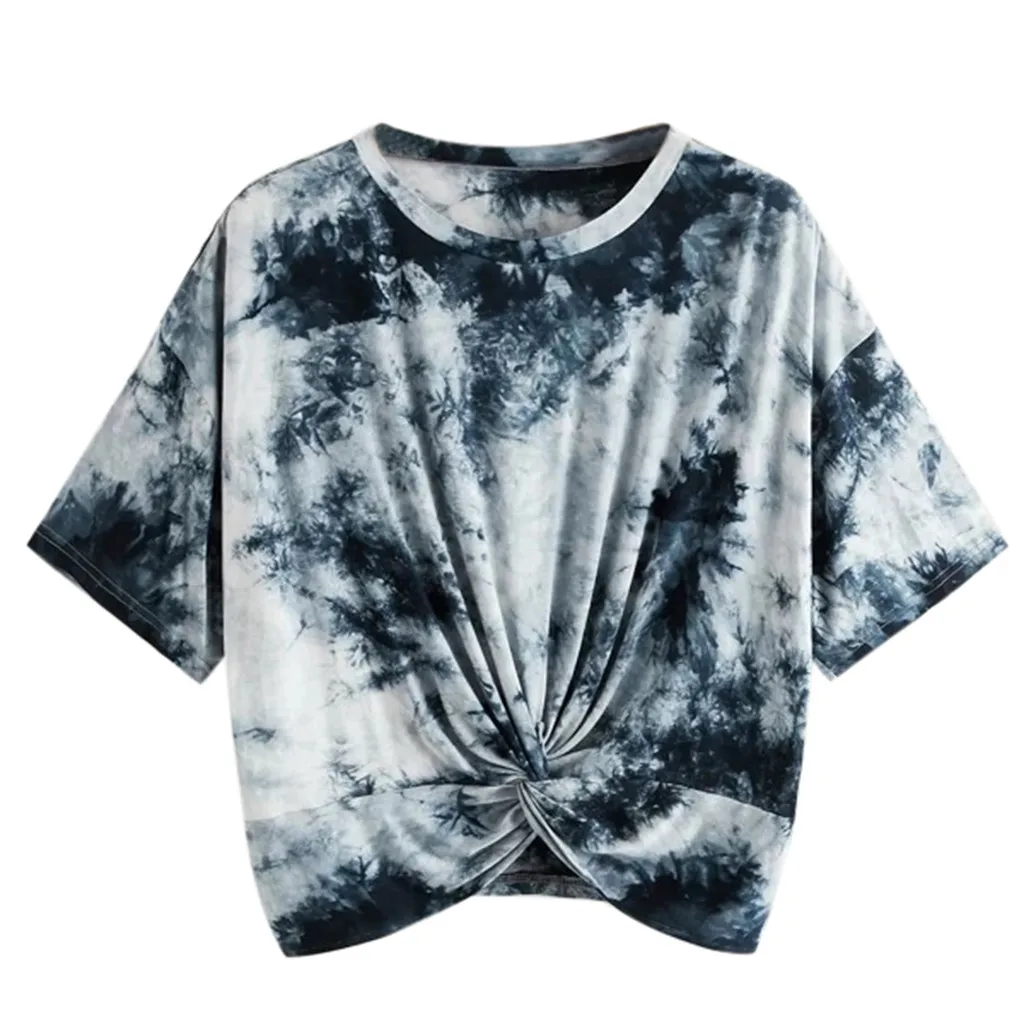 Women's Tie-dye Printed T-shirt Leaf Graphic Round Neck Blouses Loose  Fitted Tees Shirts Summer Short Sleeve Top 