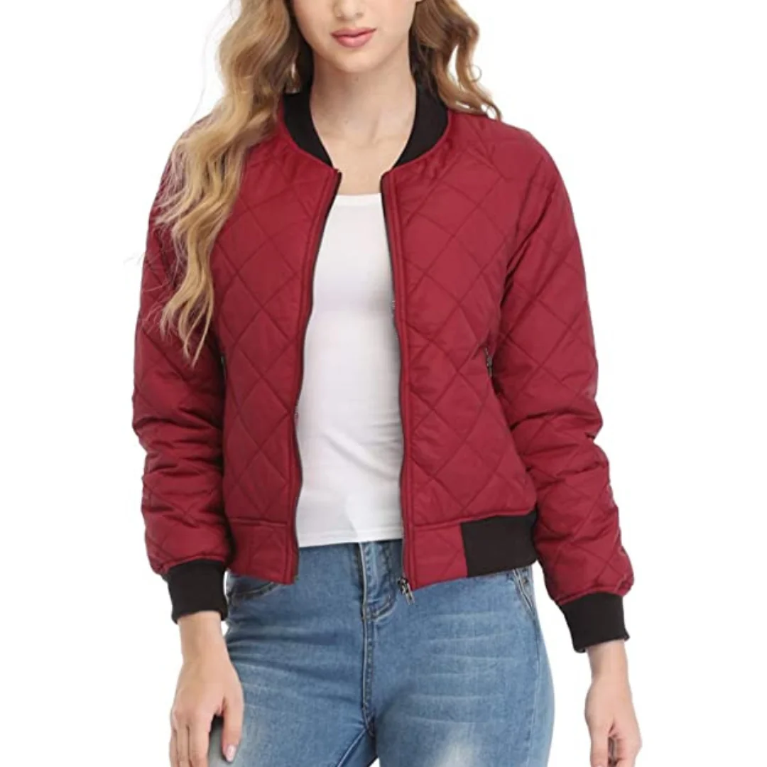 New Style Plus Size Cheap Wholesale Custom Women's Quilted Jacket Long Sleeve Zip up Raglan Bomber Jacket With Pockets