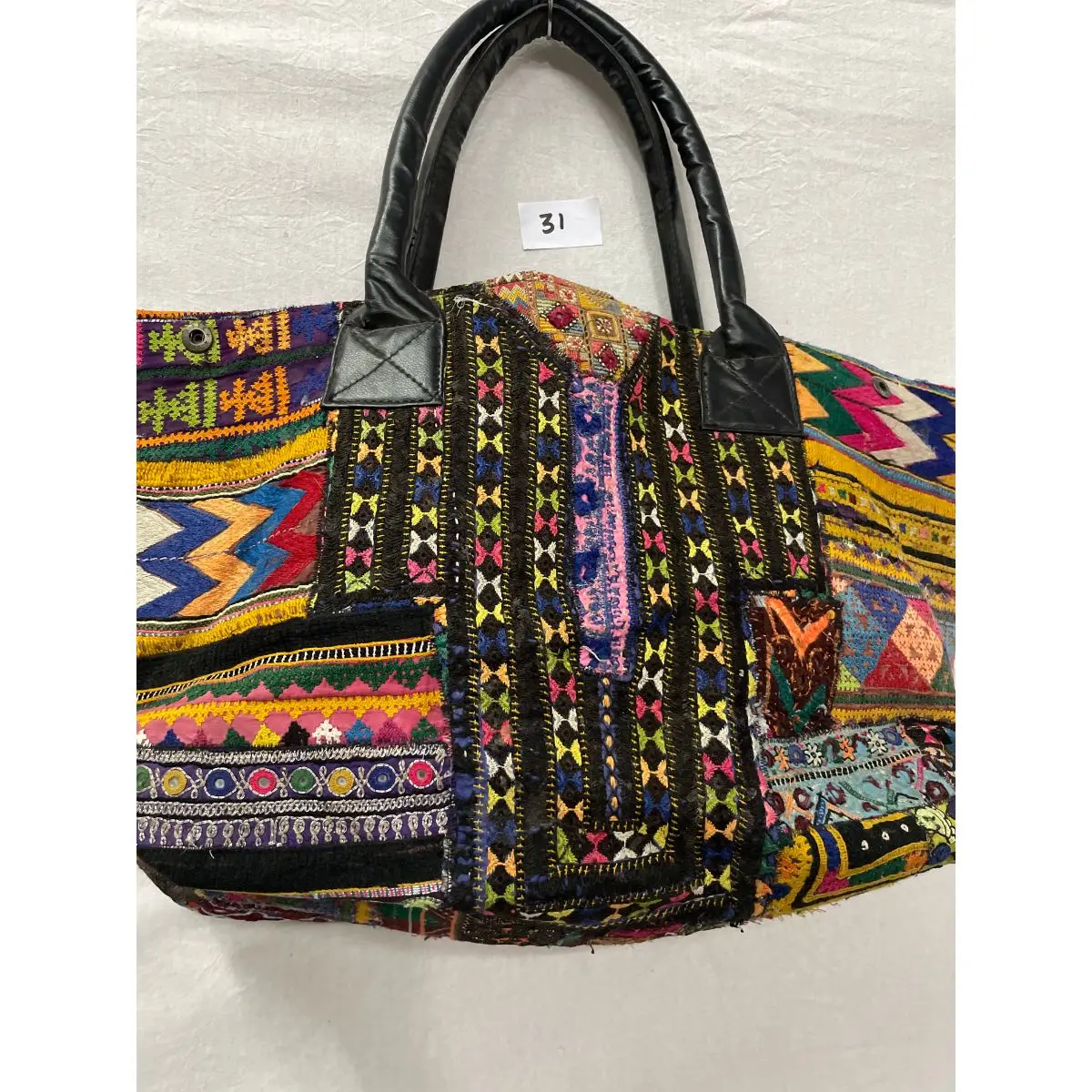 Large embroidered black leather bag, Banjara tote bag, boho