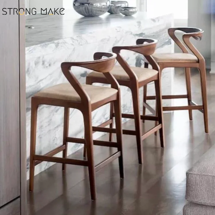 Mid Century Leather Bar Stool Solid Wood High Chair Wooden Kitchen Counter Stool Commercial Bar Stools for Bar and Restaurant