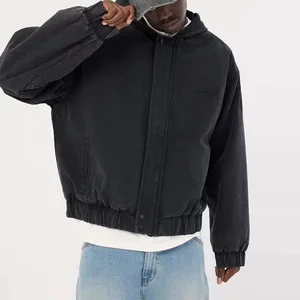 Custom Men Woven Cotton Jacket Turn Down Collar Canvas Black Vintage Washed Jacket Outdoor Casual Coat for Men