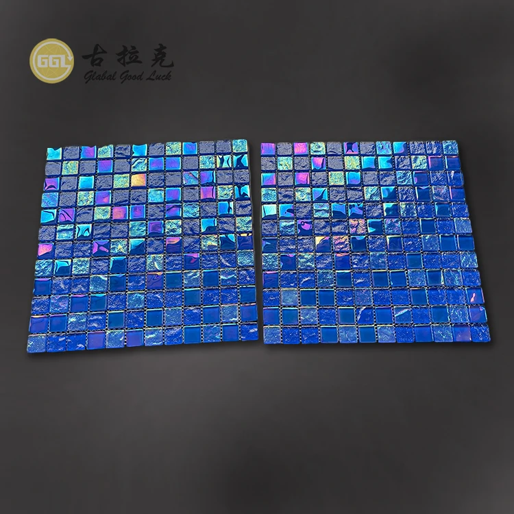 Iridescent Crystal Shining Blue Glass Swimming Pool Tile Mosaic supplier