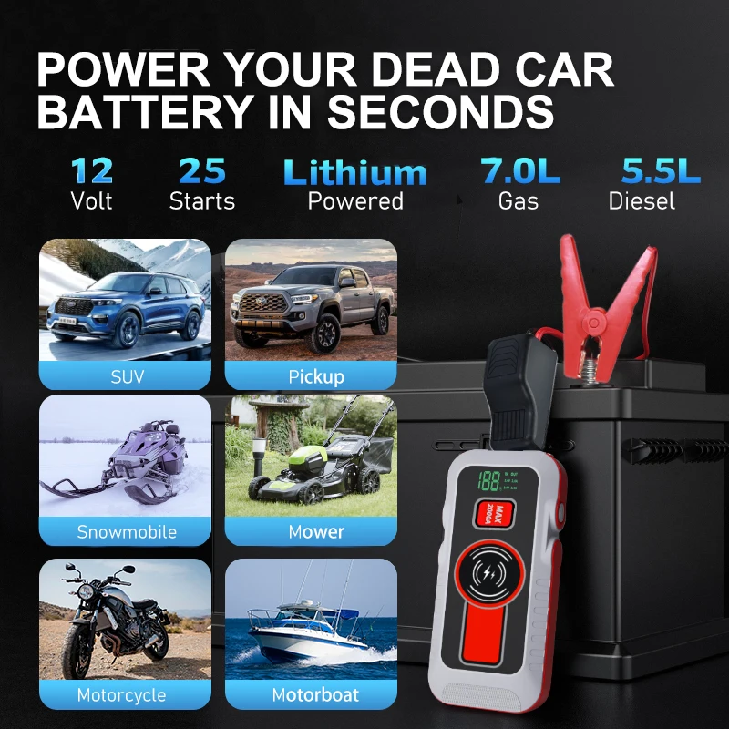 2000A пик 16800 мАч автомобиль скачок стартер прыжок пакет для автомобилей (12V 8L газ/6.5L дизельного двигателя) зарядное устройство для быстрой беспроводной зарядки аккумуляторной батареи
