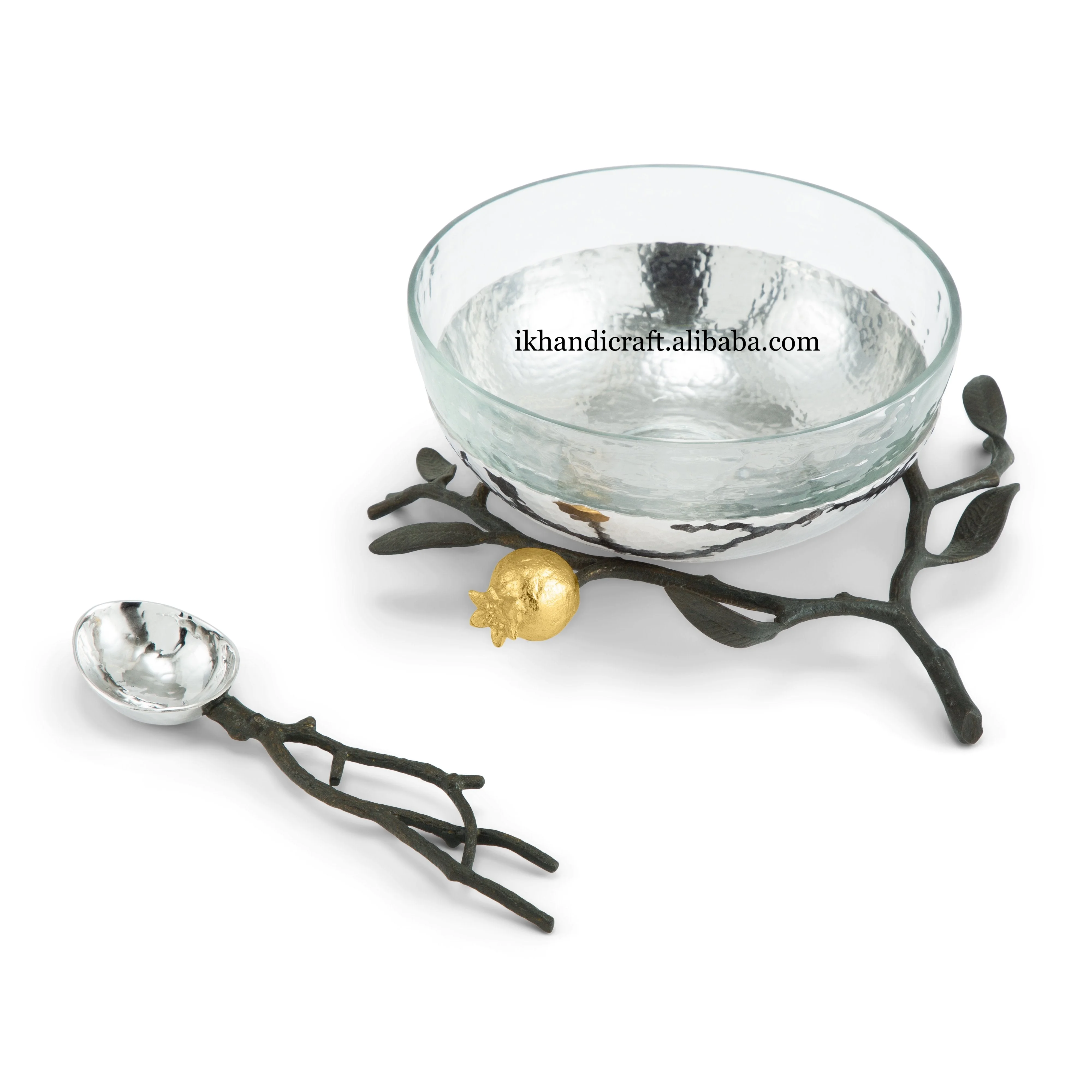 High Demand Luxurious Designer Handmade Pomegranate Glass Metal Bowl with Nickel Plating Matching Steel Spoon Customised Texture