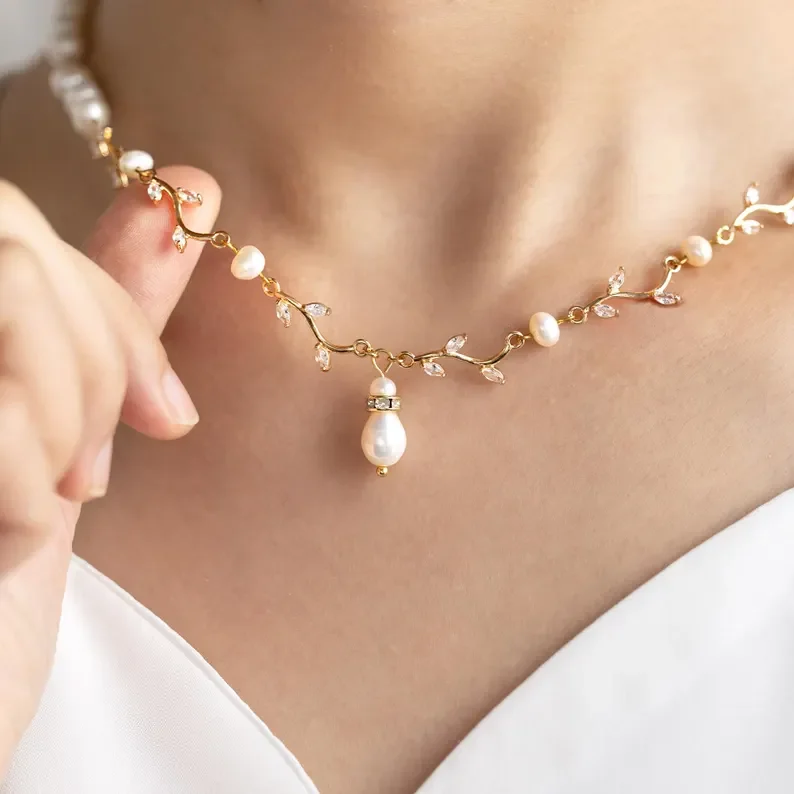 Customizable Gold Bridal Necklace with Pearls & Zircon