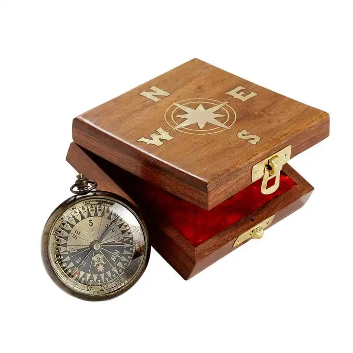 Wooden Box Antique Brass Finished the Mary Rose Thread Sundial Compass Pocket Gift by faizacraft