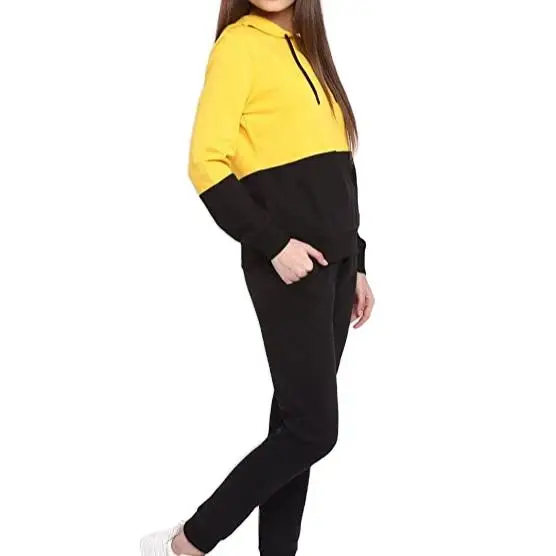 Latest Yellow And Black Color Women's 100cotton Fleece Hoodies High Quality Sweat Suits And