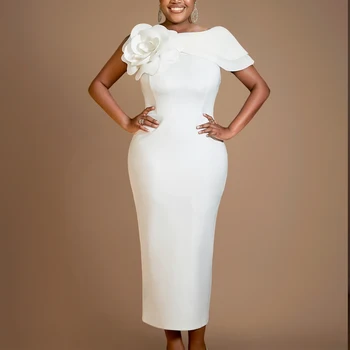 AM041038 Fast Delivery Boat Collar Slim Wear Large Flower Plus Size Women White Dress