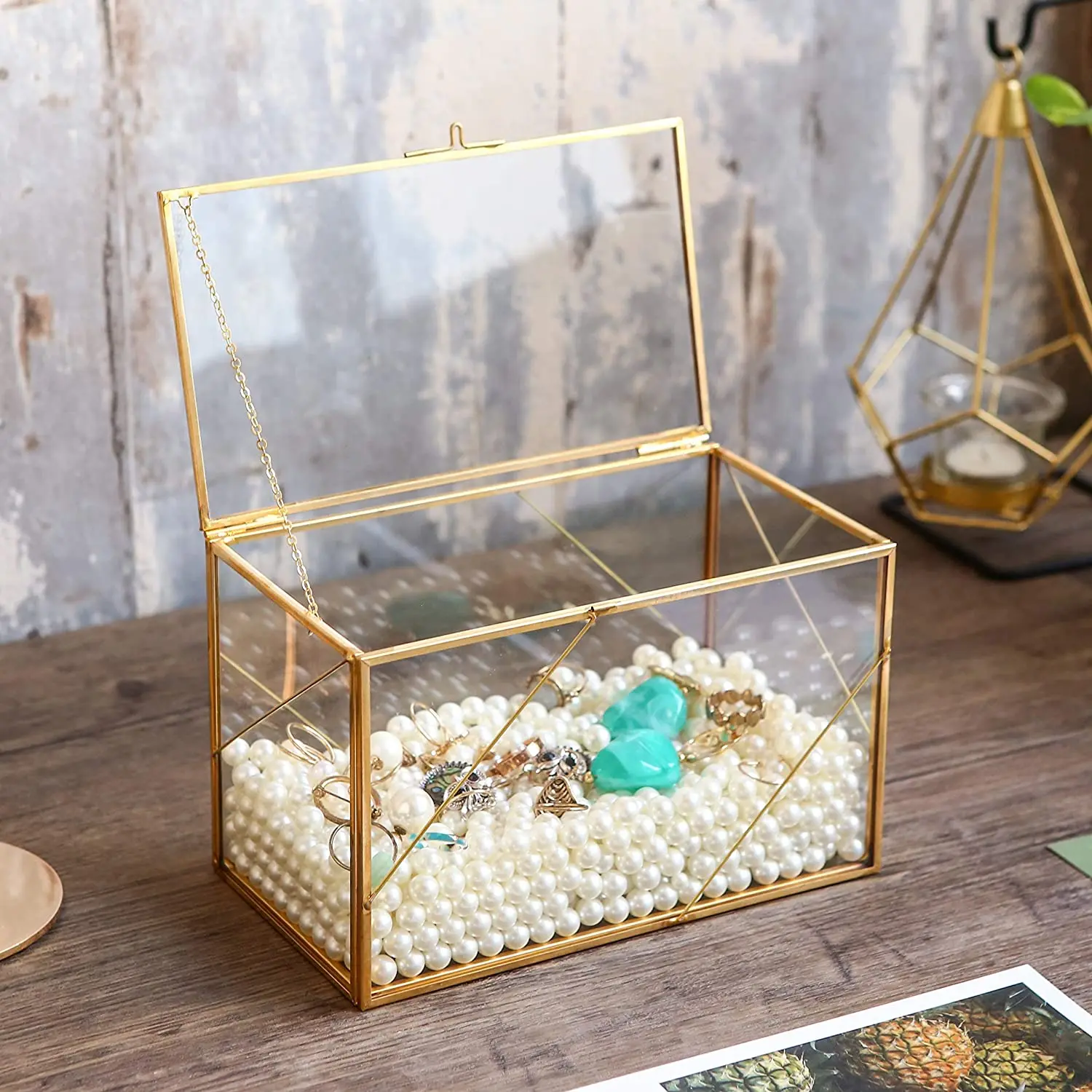 Standing Clear Glass Box Brass Metal Frame Tabletop Curio Case Shadow Box Jewelry Organizer Tabletop Display Box