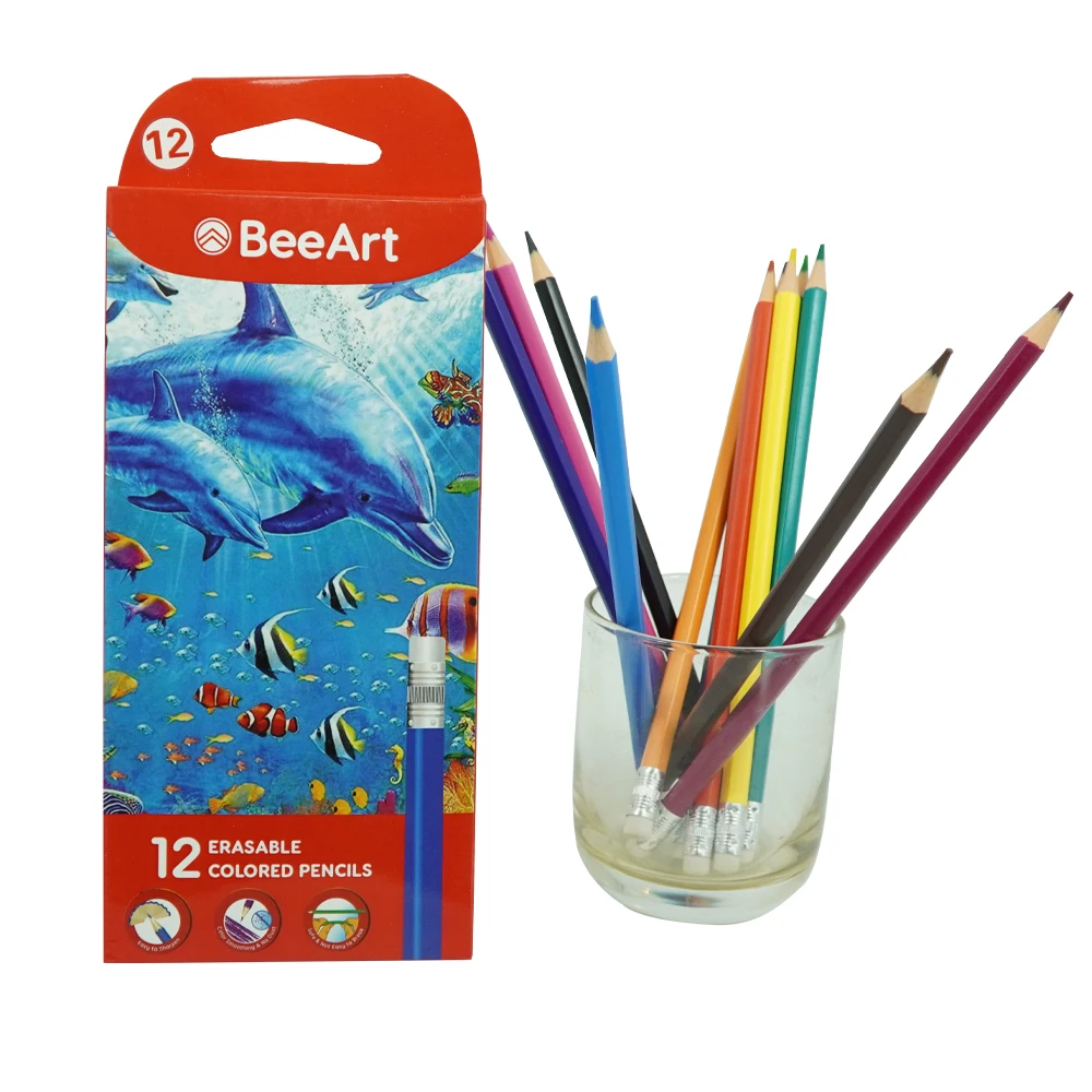 Детские стираемые цветные карандаши BeeArt, набор из 12, карандаши премиум-класса, без дублирования, предварительно заточенные, художественные принадлежности для школы,
