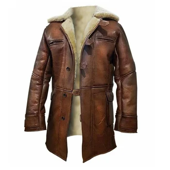 Mens Leather Long Jacket Bane Coat Winter Trench Coat Genuine Lambskin ...