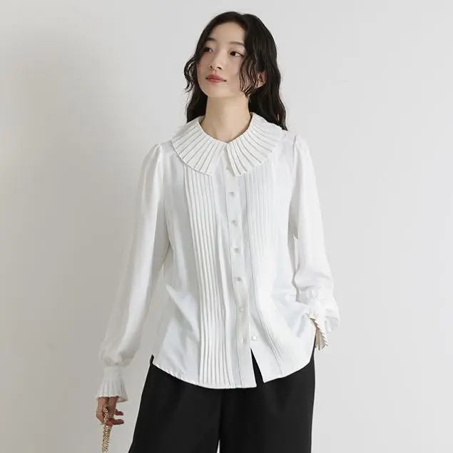 Shell Style Women's Classic Button Front Opening Shirt Collared Big Collar Chubby Body Covering Large Sizes 10s for Girls