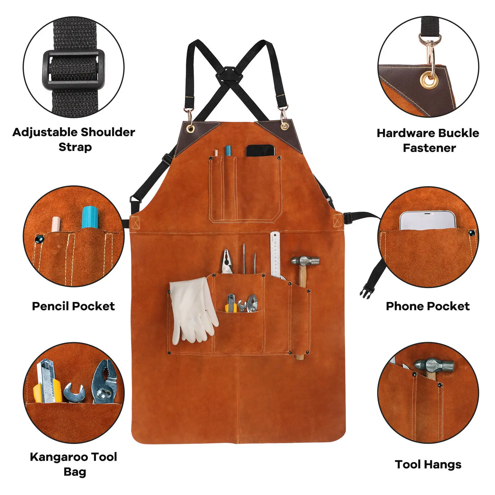 QeeLink Leather Welding Apron With 6 Pockets - Heat & Flame-Resistant Apron