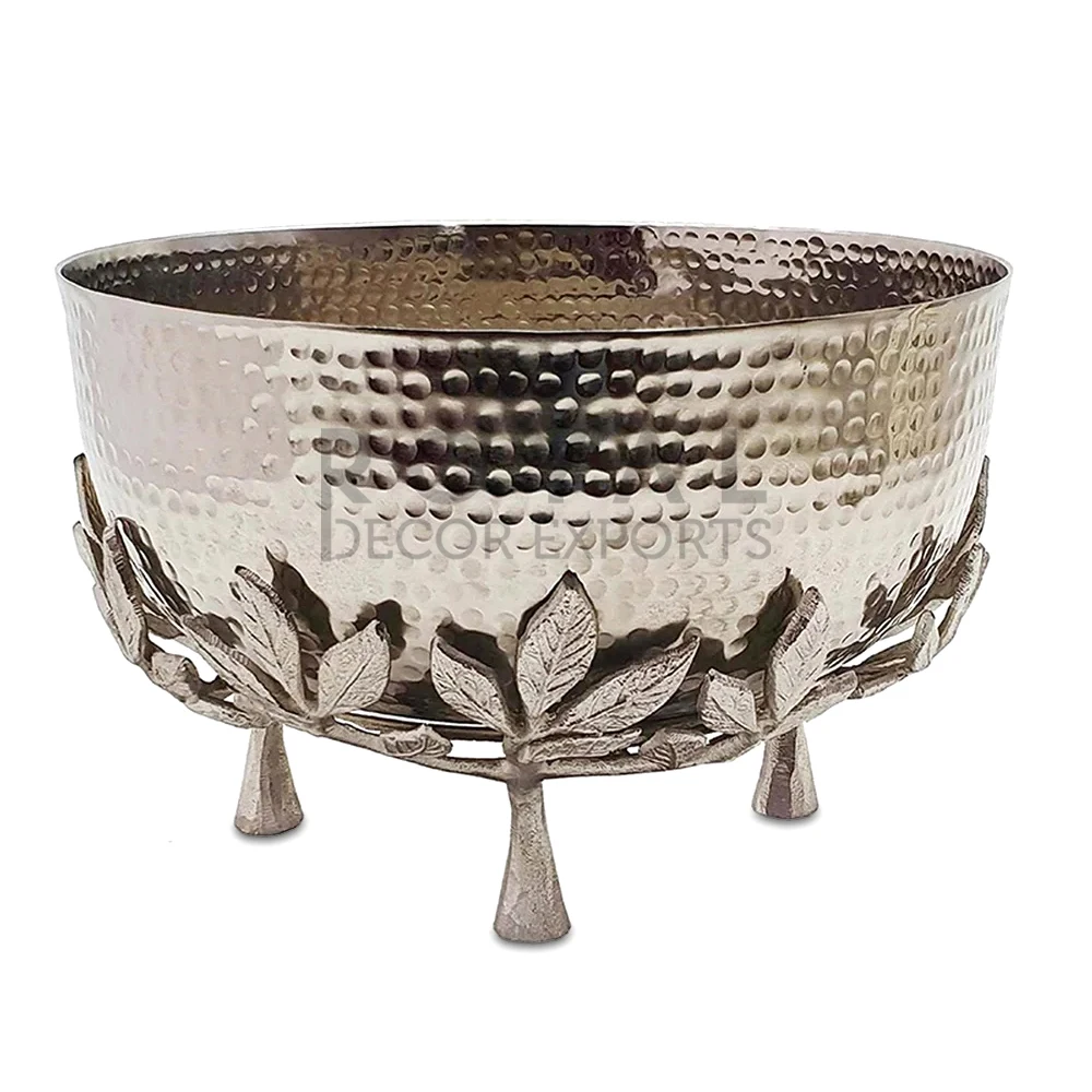 Modern Metal Fruit Bowl Hammered Silver With Fancy Work Round Shape