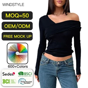 Women's Solid Color Breathable and Slim Fit Long Sleeve V-Neck Top Sexy Shoulder-Exposed for Autumn and Winter Short Length